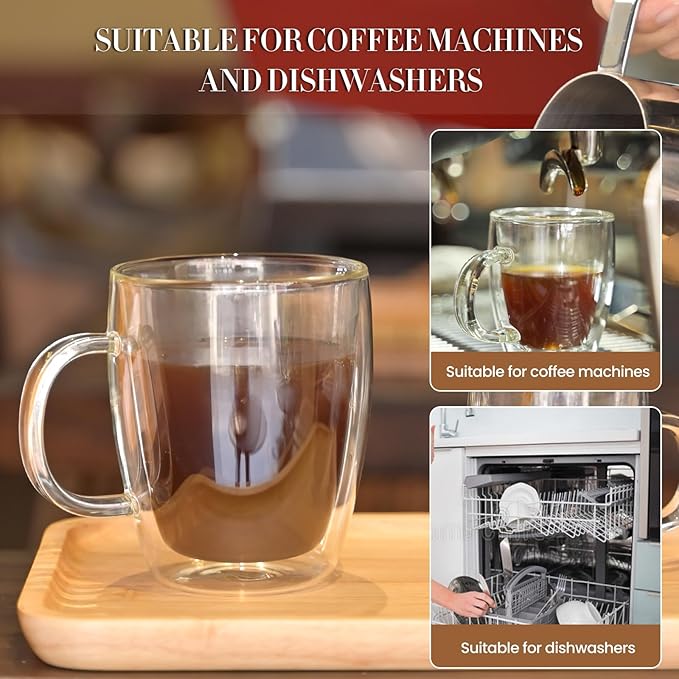 YUNCANG Double Wall Coffee Mugs, (4-Pcak) 16 Ounces-Clear Glass Cups with Handle,lnsulated,Cappuccino,Tea,Latte Cups,Beverage Glasses Heat Resistant