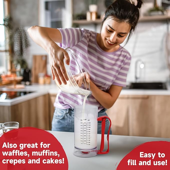 Jerliflyer Pancake Dispenser, Pancake Mixer And Dispenser Battery Batter Separator with Measurement Labels for Cupcakes,Waffles,Muffins(Red)