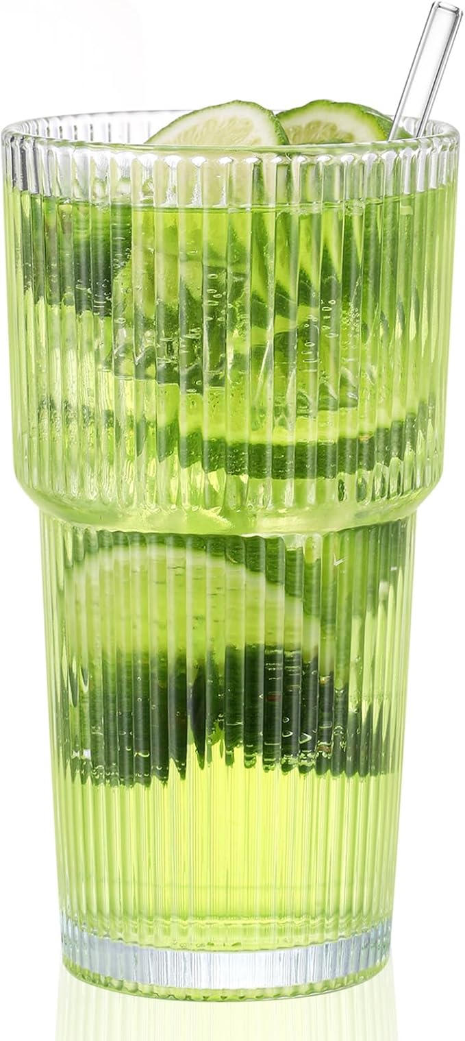 CWHHRN 20 oz Glass Cups and Straw 2 Set, Glass Tumbler with Straw, Vintage Glassware for Whiskey Cocktail Beer, Iced Coffee Cups (2 PACK)