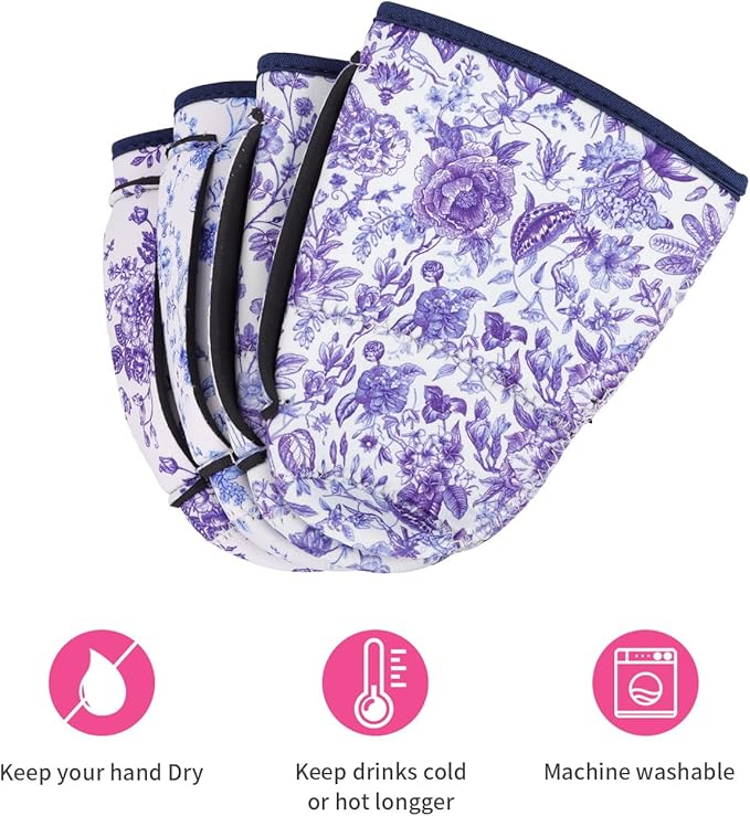 4Pack Reusable Iced Coffee Sleeve Insulator Sleeves for Cold Drinks Beverages, Neoprene Cup Holder for Most Coffee, Fits 22-24oz Medium Cups (Abstract Floral China)