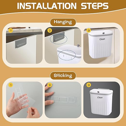 3 Pack Hanging Trash Can with Lid, 12L/3.2 Kitchen Compost Bin for Counter Top & Under Sink, Plastic Waste Basket Wall Mounted Garbage Can for Cupboard/Bathroom/Bedroom/Office/Outside (White)
