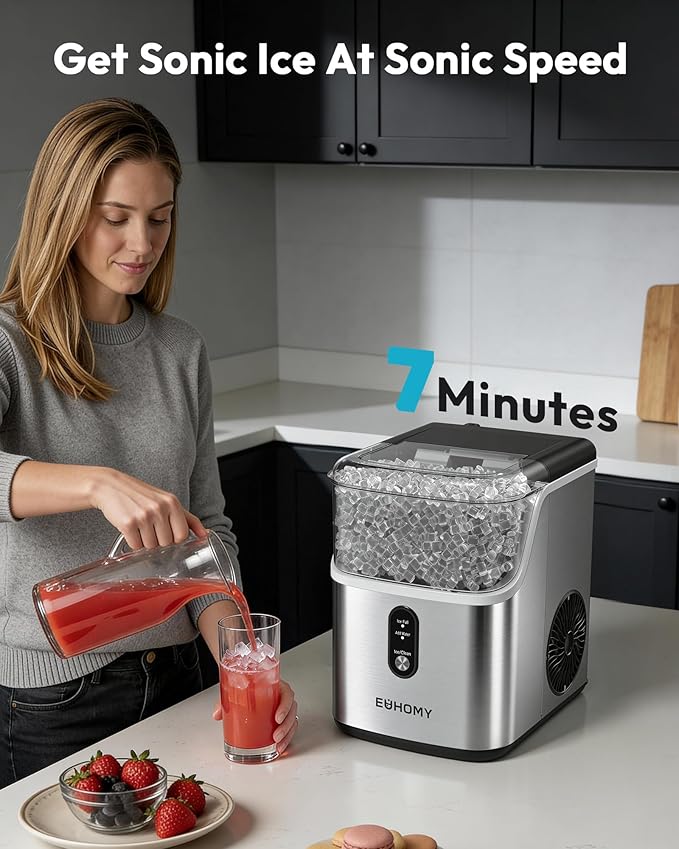 EUHOMY Nugget Ice Maker Countertop, Ready in 7 Mins, 34Lbs/24H Pebble Ice Maker Machine, Self-Cleaning Countertop Sonic Ice Makers with Ice Scoop&Basket, Pellet Ice Maker for Home, Stainless Steel
