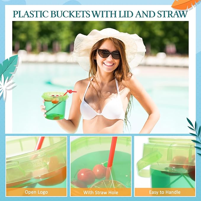 Funnymoom 16 Pack 32 oz Plastic Rum Buckets for Drinks with Straws Ice Cream Cocktail Bucket with Lids and Handles Reusable Food Containers Cup for Parties Summer Beach Bar Beer (Muticolor)