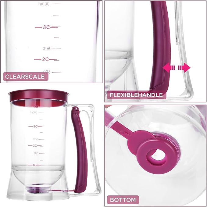 Pancake Batter Dispenser - Essential Kitchen Tool for Flawless Pancakes, Cupcakes, Waffles, Funnel Cake, Muffins, Crepes - Effortless Pour - Convenient Pancake Maker with Measuring Label - 900ml