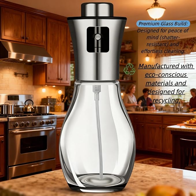 Olive Oil Fine Mist Spray Bottle - 6.7oz/200ml Cooking Sprayer for Air Fryer, Salad, Grilling & Frying - Kitchen Essential Tool（304 Stainless Steel）（with 3D stickers）