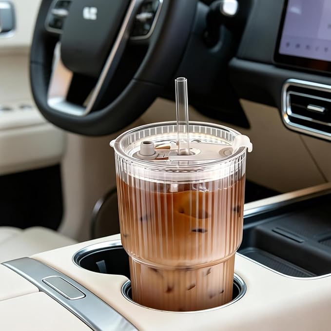4pcs Ribbed Glass Tumbler with Straw and Lid - 20oz Reusable Iced Coffee Beer Cups, Coffee Bar Accessories for Cocktails Juices, Includes 1 Cleaning Brush