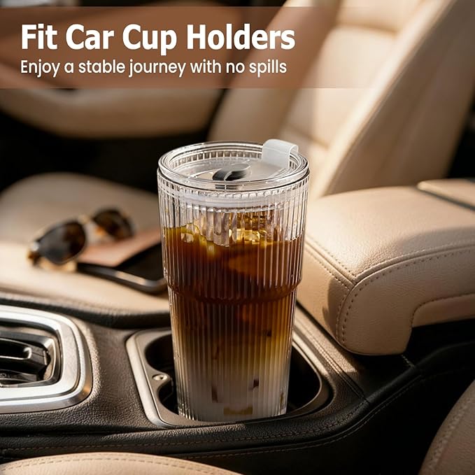 TUZAZO 20 Oz Glass Tumblers with Lids and Straws - 2 Pack Ribbed Glass Iced Coffee Cup with Straw and Lid, Thicken Glasses, Ideal for Smoothieds, Cocktails, and Juices