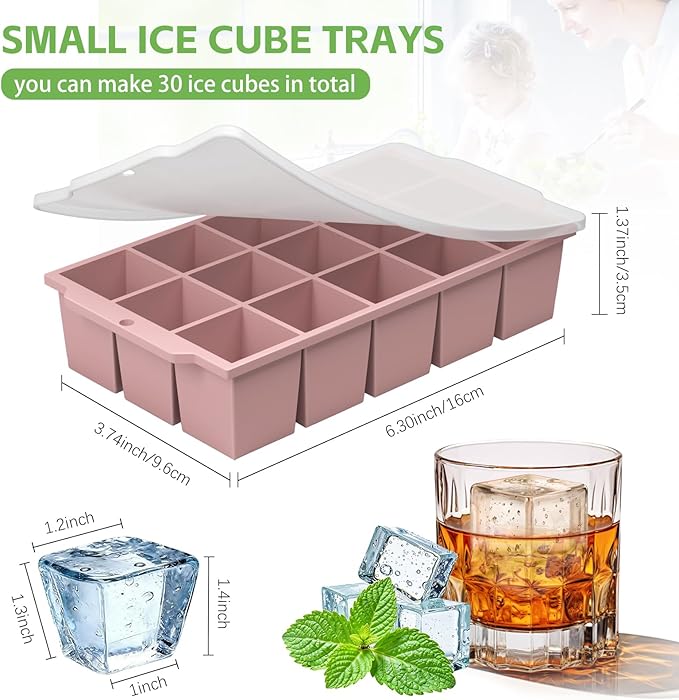 Silicone Ice Cube Tray with Locks Lids, Easy Release Flexible 15 Square Ice Trays for Freezer, Stackable & Reusable Ice Cube Mold for Whiskey, Cocktails, Baby Food, BPA Free, 2 Pack (Pink)