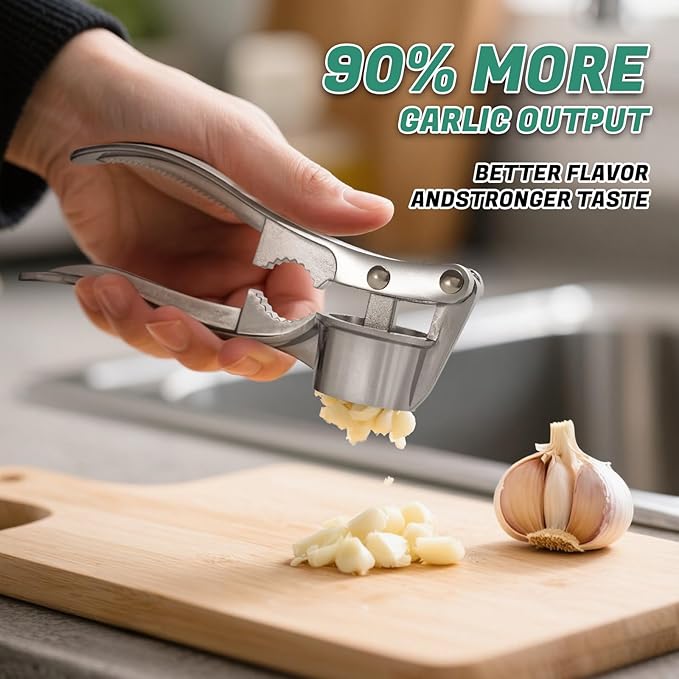 Heavy Duty Garlic Press and Mincer Set with Garlic Peeler, Rust Proof Dishwasher Safe Kitchen Tool - Easy Squeeze Ginger Crusher, Ergonomic Handle for Garlic and Nuts