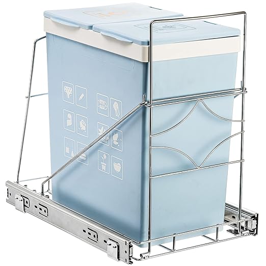 Youeon Pull Out Trash Can Under Cabinet, Adjustable Stainless Steel Under Sink Trash Can Pull Out, Slide Out Garbage Shelf, Fit for 7-11 Gallon Trash Can(Not Included)