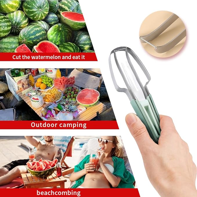3-in-1 Watermelon Fork Slicer Cutter, 2024 New Stainless Steel Watermelon Popsicle Cutter Slicer Tool, Quickly Watermelon Fork Fruit Cutting Tool Fruit Cutters for Camping Kitchen Gadgets (Beige-2)