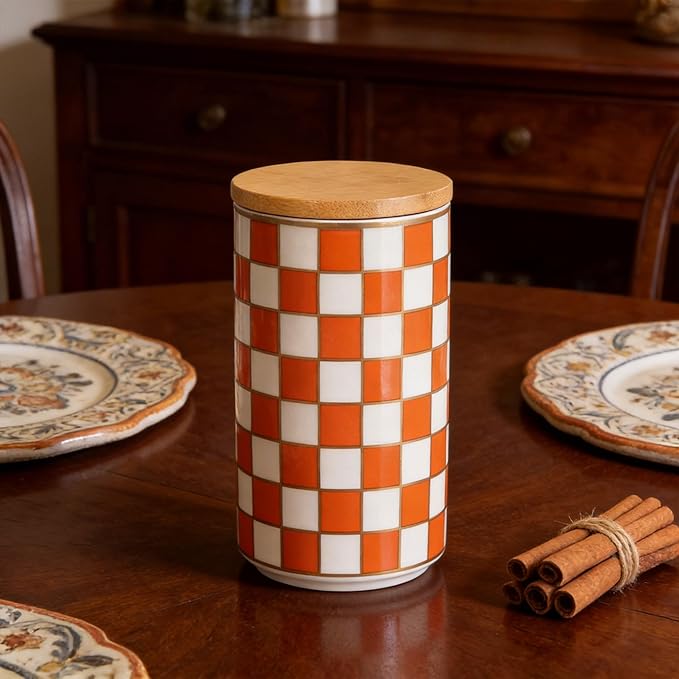 Kitchen Countertop Ceramic Checkered Canisters,Black And White Food Storage Containers With Lid,Airtight Kitchen Canisters for Flour, Sugar, Coffee, Tea, and Dry Goods (Orange, Large)
