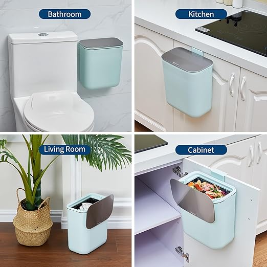 2.4 Gallon/9L Hanging Trash Can with Stainless Steel Lid, Mountable Compost Bin for Kitchen Cabinet Door, Under Sink Food Waste Container for RV, Bathroom, Office