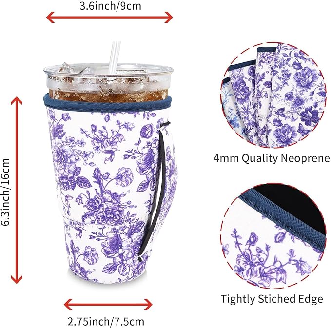 4Pack Reusable Iced Coffee Sleeve Insulator Sleeves for Cold Drinks Beverages, Neoprene Cup Holder for Most Coffee, Fits 30-32oz Large Cups (Floral Like China)
