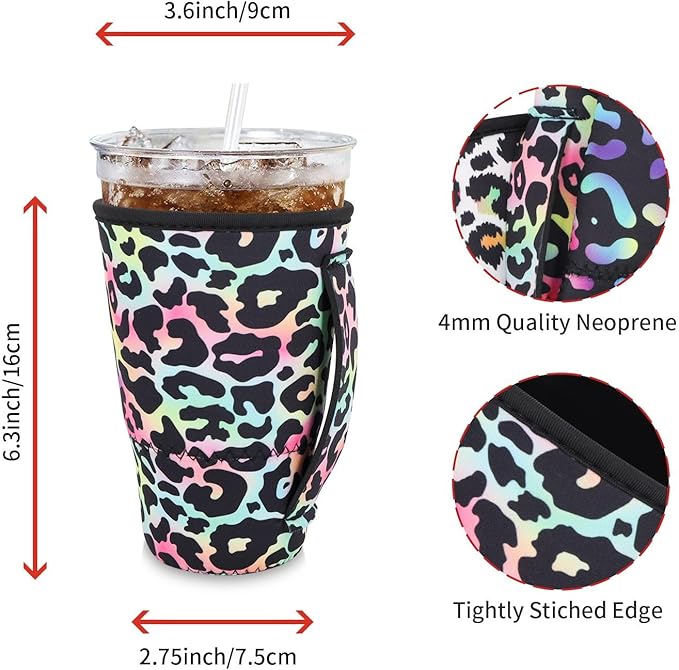 4Pack Reusable Iced Coffee Sleeve Insulator Sleeves for Cold Drinks Beverages, Neoprene Cup Holder for Most Coffee, Fits 30-32oz Large Cups (Rainbow Leopard)