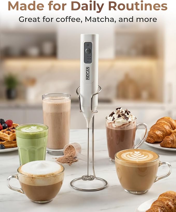 INDCAN Rechargeable Milk Frother Handheld, Electric Coffee Frother Wand with Stainless Steel Stand, 3-Speed Foam Maker with 2 Whisks, USB-C Drink Mixer for Latte, Cappuccino, Matcha (Elite, White)