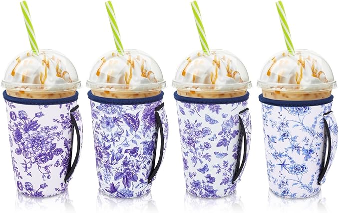 4Pack Reusable Iced Coffee Sleeve Insulator Sleeves for Cold Drinks Beverages, Neoprene Cup Holder for Most Coffee, Fits 22-24oz Medium Cups (Abstract Floral China)