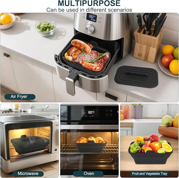 Silicone Air Fryer Liners Collapsible, 8.2 Inch Reusable Air Fryer Liners With lid-Long-lasting Freshness - Easy to Clean Air Fryers Pot for 5.8 to 8 Qt Baking Tray Oven Accessories, Black