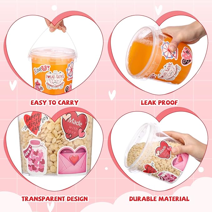 PerKoop 20 Pcs 32 oz Ice Cream Buckets with Lids and Handles Clear Cocktail Rum Buckets with Stickers Plastic Transparent Tub Reusable Food Storage Containers for Parties(Valentines)