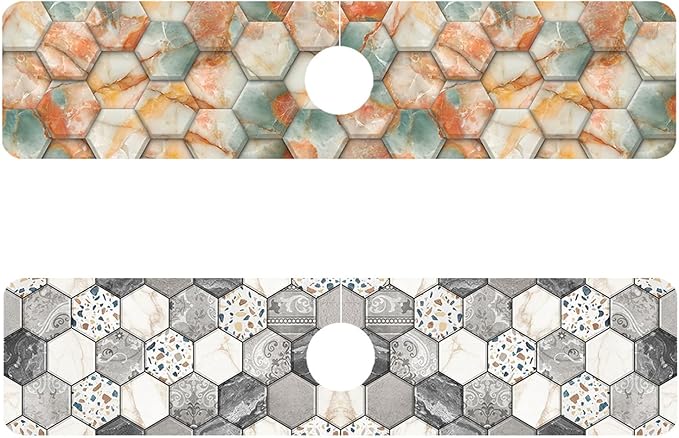 2 Pack Hexagon Marble Sink Splash Guard Faucet Mat Gold Glitter Lines Marble Super Absorbent Fast Drying Mat Sink Gadgets-Splash Guard Behind Faucet Drip Catcher for Kitchen Bathroom, 23.5"x5.5"