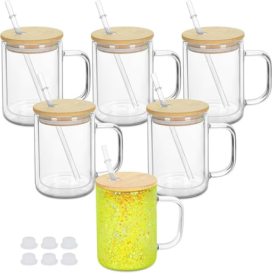 15 Oz Pre-Drilled Glass Snow Globe Tumbler with Handle, 6 Pack Double Wall Snowglobe Cup Coffee Mug For Snow Globe Diy Glitter, Clear