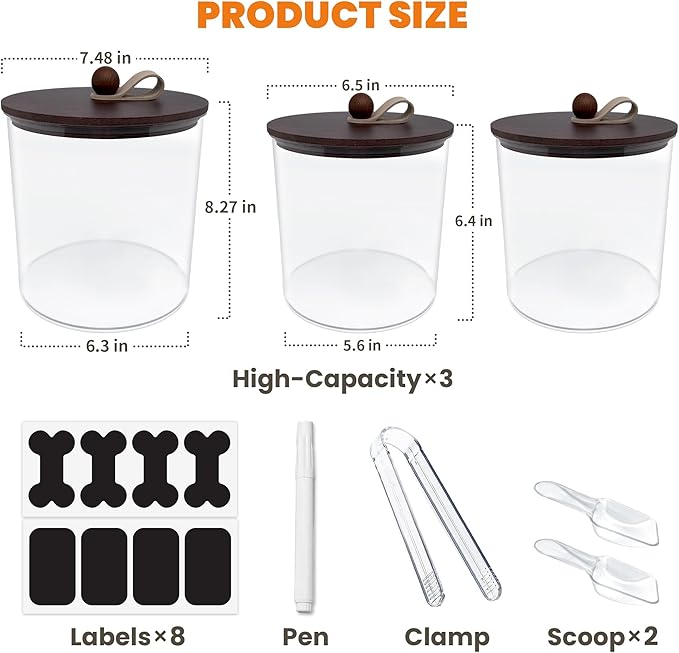 HOYTAMDAR 3 Pack Airtight Dog Food Storage Container, Dog Treat Container Dog Food Container with Wood Lids 8x7''&6x5'',Pet Food Storage Container,Cat Food Containers with Scoops,Clamp,Labels,Pens