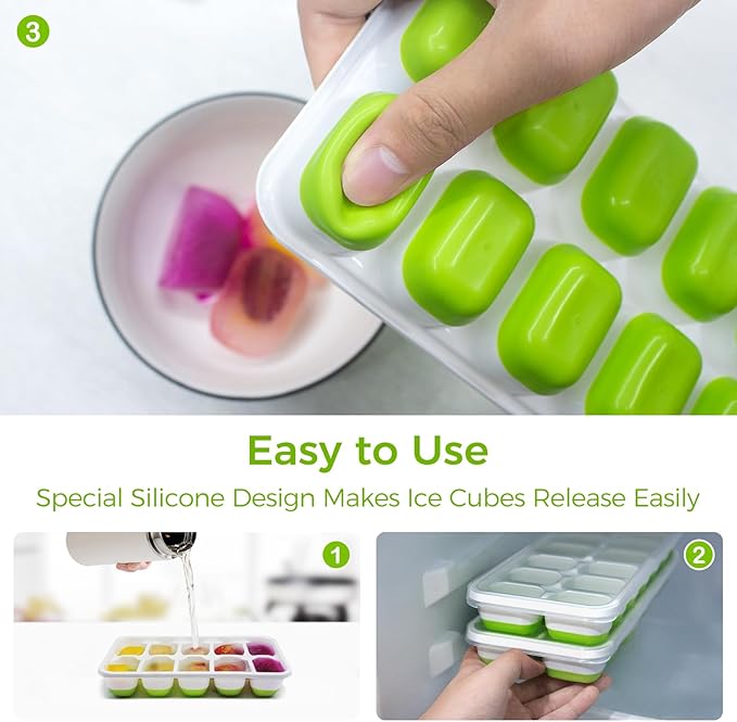 DOQAUS Ice Cube Tray with Lids - 2 Pack Stackable Silicone Ice Trays for Freezer, BPA & LFGB Safe, Easy Release for Kitchen, RVs, Cocktail, Coffee, Soup & Food