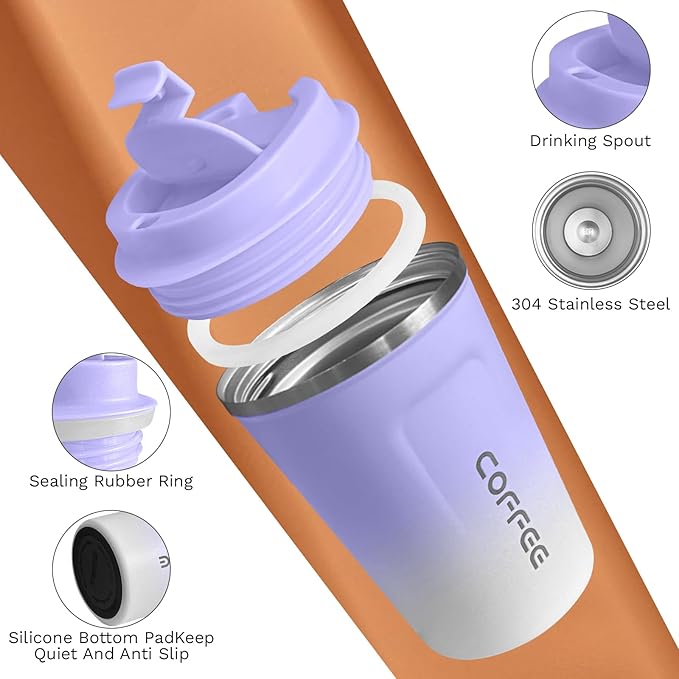 SPLMIFA Travel Coffee Mugs Leak-Proof, Reusable Coffee Cup with Lids, Stainless Steel Vacuum Insulated Coffee Tumblers, Thermal Insulation Cup for Men & Women Hot & Cold Drinks(2nd-Purple White, 17OZ)