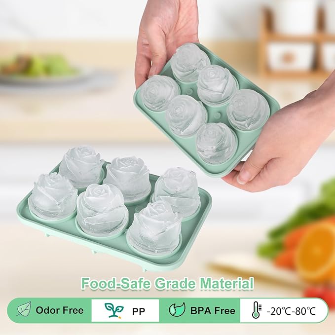 3D Rose Ice Cube Tray Set of 2, 6-Cavity Silicone Ice Cube Molds with Lid, Easy Release Ice Cube Trays for Freezer, BPA Free Ice Mold for Gift, Drinks, Coffee and Cocktails, Whiskey (Green)