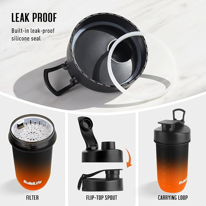 BuildLife Protein Shaker Bottle, 20oz Tritan Shaker Cup with Silent Mixing Grid – Lump Free Shakes 600ML for Pre Workout Protein & Smoothies, BPA-Free Leakproof Dishwasher Safe (BlackBlue+BlackOrange)