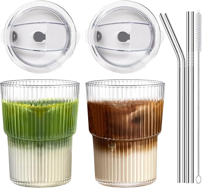 Iced Coffee Cups with Lids and Straws Set of 2, 16 Oz Unbreakable Plastic Drinking Cups Reusable Iced Coffee Cup to Go for Iced Tea,Juice, Water,BPA Free, Dishwasher Safe