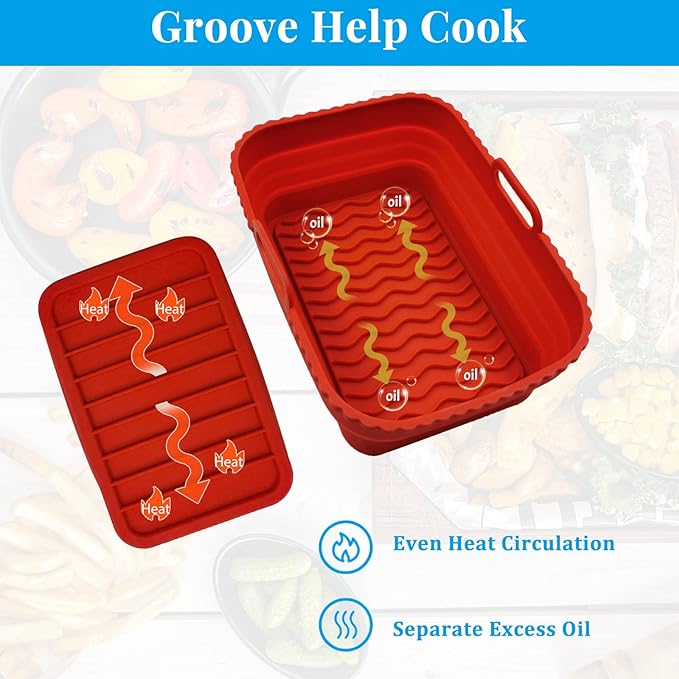 Daily Treasures 2 Pack Foldable Air Fryer Liners for Air Fryer Dual with 1Pack Oil Sprayer Dispenser, Air Fryer Accessories Reusable Air Fryer Silicone Liner for Dual Air Fryer(Red)