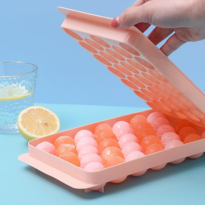 Ice Cube Tray with Lid, 33 Sphere Ice Cube Mold for Freezer, Stackable Round Ice Ball Maker Circle Ice Trays for Cocktails, Whiskey, Coffee, Drinks (Pink)