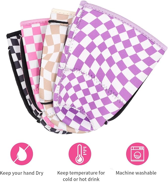 4Pack Reusable Iced Coffee Sleeve Insulator Sleeves for Cold Drinks Beverages, Neoprene Cup Holder for Most Coffee, Fits 30-32oz Large Cups (Checkerboard)