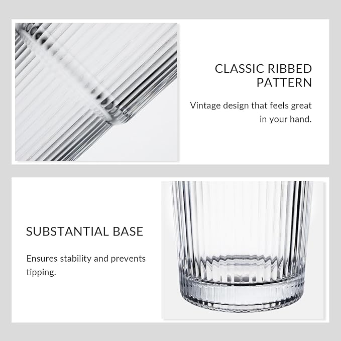 Puraville 2 Pack 20oz Glass Cups with Lids and Straws, Vintage Ribbed Glassware for Whiskey Cocktail Beer, Mason Jar Drinking Glasses Tumbler Iced Coffee Cup