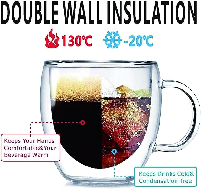 Espresso Cups Set Of 2, Double Walled Glass Coffee Mugs with Handle,Insulated Layer Coffee Cups,Clear Borosilicate Glass Mugs,Perfect for Cappuccino,Tea,Latte,Espresso (5oz-2Pack)