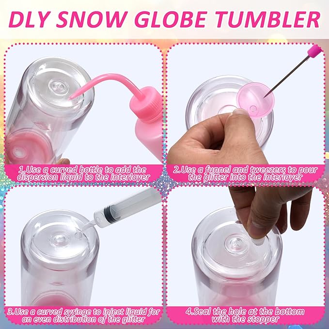 10 Pcs Snow Globe Tumbler Supplies 16oz Pre Drilled Double Wall Clear Cups Kit with Lid and Straw Squeeze Bottle Funnel Tweezer Bent Syringe for DIY Glitter Snow Globe Craft Gift (Colorful)
