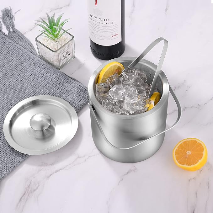 LUCKYGOOBO Mini Ice Bucket Portable Double Wall Ice Bucket with Tong,Stainless Steel Hotel Bucket/Champagne/Beverage Bucket,Size 1.3 Liters 5.5 x 5.5 in,Serveware for Party,Event,and Camping.