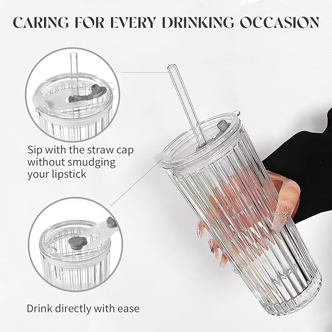 Puraville 2 Pack 18oz Glass Cups with Lids and Straws, Vintage Ribbed Striped Thickened Glassware for Whiskey Cocktail Beer, Mason Jar Drinking Glasses Tumbler Iced Coffee Cup, Clear