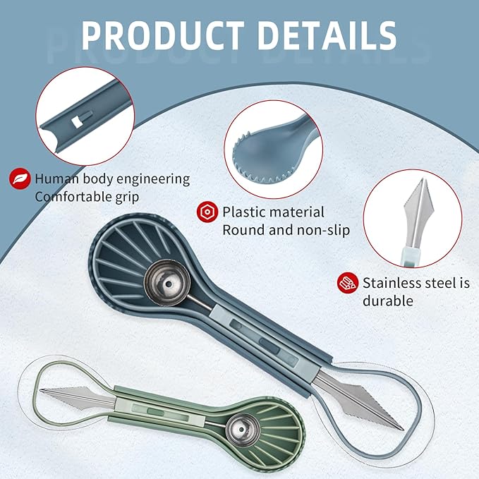 6-in-1 Melon Fork Slicer Cutter, Melon Baller Scoop Set, Watermelon Slicer Tool, Stainless Steel Fruit Cutter, Seed Remover, Fruit Fork for Camping Kitchen Gadgets (6-in-1-blue)