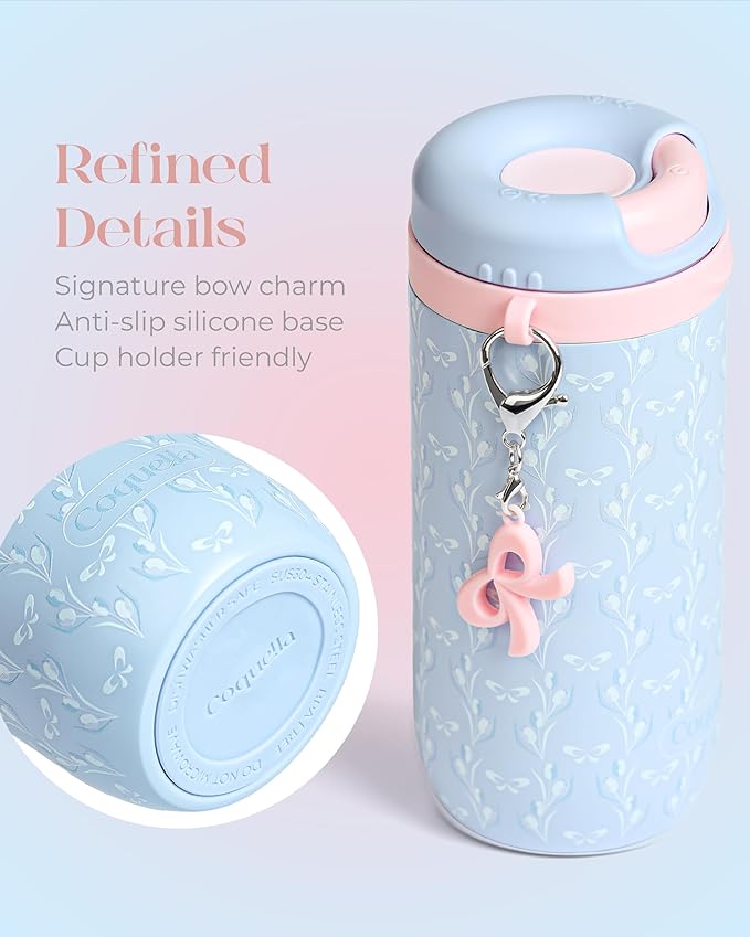 15 oz Stainless Steel Coffee Tumbler with Twist-Open Lid, Insulated Travel Mug for Iced Coffee Cold Brew and Warm Beverages, Leakproof, BPA-Free, Cup Holder Friendly, Bow Charm, Tulip Blue