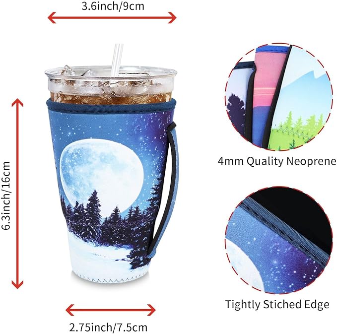 4Pack Reusable Iced Coffee Sleeve Insulator Sleeves for Cold Drinks Beverages, Neoprene Cup Holder for Most Coffee, Fits 30-32oz Large Cups (Nature Landscape)