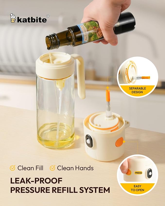 katbite 18.6 oz/550ml olive oil dispenser bottle for Cooking, 2 in 1 glass oil bottle and oil sprayer Non-Drip Leak-Proof Design, Fine Mist(0.5g/Spray) for Air Fryer, Salad, Cream White