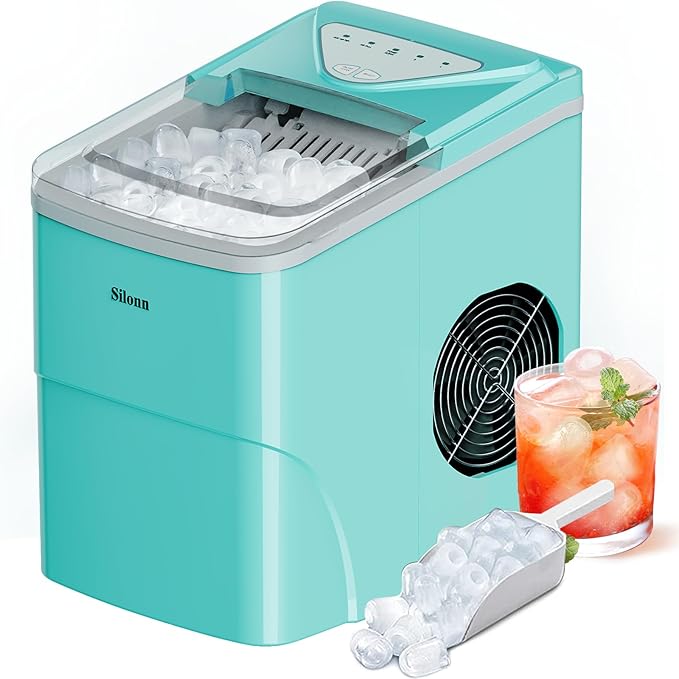Silonn Ice Makers Countertop, 9 Cubes Ready in 6 Mins, Self-Cleaning Ice Machine with Ice Scoop and Basket, 26lbs in 24Hrs, 2 Sizes of Bullet Ice for Home Kitchen Office Bar Party, Green