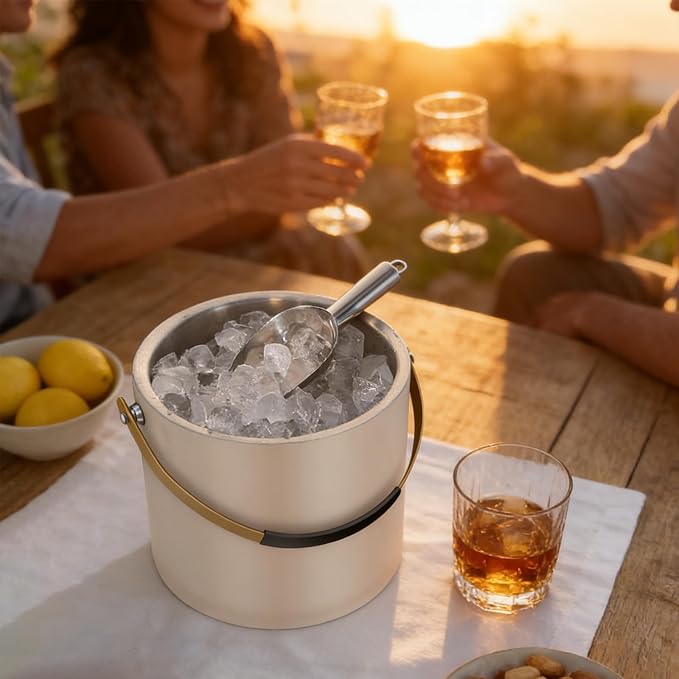 3.2L Modern Insulated Ice Bucket with Silicone Lid, Scoop, Strainer, Double Wall Stainless Steel Ice Bucket for Parties & Cocktail Bar,Ideal for Gift(Pearl White)