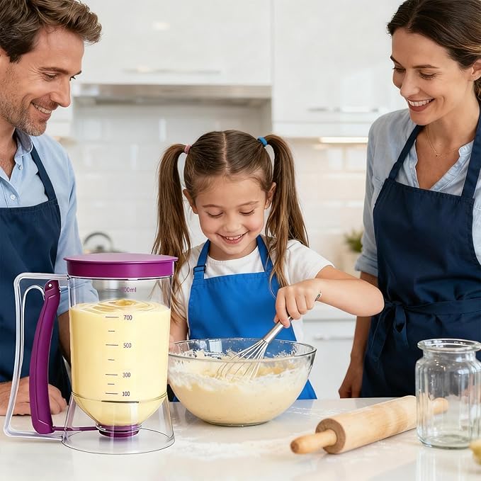 Pancake Batter Dispenser - 4-Cup Cupcake Batter Separator with Squeeze Handle - Kitchen Must Have Baking Tool for Pancakes, Cupcake, Waffle, Muffin Mix - Pancake Maker with Measuring Label