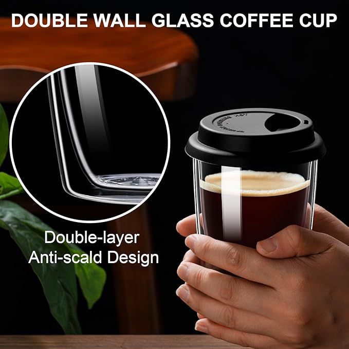 gegewawa Double Walled Glass Coffee Mugs, Glass Coffee Cugs with Silicone Lid 12OZ, Insulated Coffee Mug, Clear Coffee Mug for Travel/Kitchen(Black)