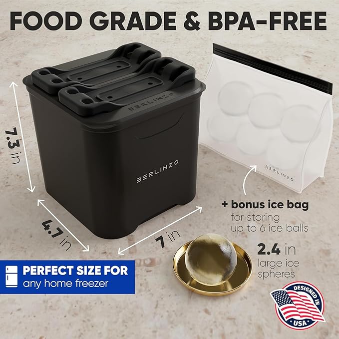 Berlinzo Premium Clear Ice Ball Maker Mold - 4 Large 2.4" Crystal Clear Ice Balls for Whiskey, Cocktails & Bourbon - Easy-to-Remove Mold for Ice Spheres - XL Storage Bag Included (Non-Electric)