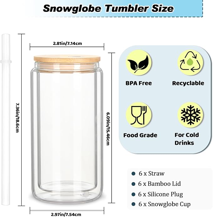 6 Pack 16 Oz Sublimation Snow Globe Tumbler, Snow Globe Cups with Pre Drilled Hole, Double Wall Beer Can Glass Mason Jar Mug with Bamboo Lids and Straws for Snowglobe DIY