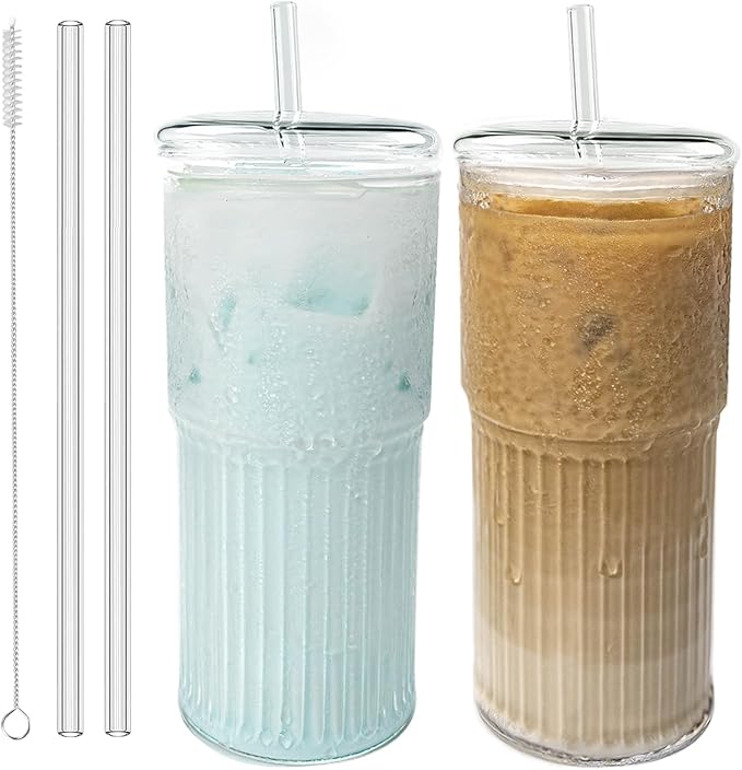 Luiaiog Glass Cups with Lids and Glass Straws, High Borosilicate 20OZ Tumblers (2Pcs) for Coffee, Tea, Juice, Smoothies, Hot/Cold Drinks at Home, Office（Christmas Creative Drink Label Design）